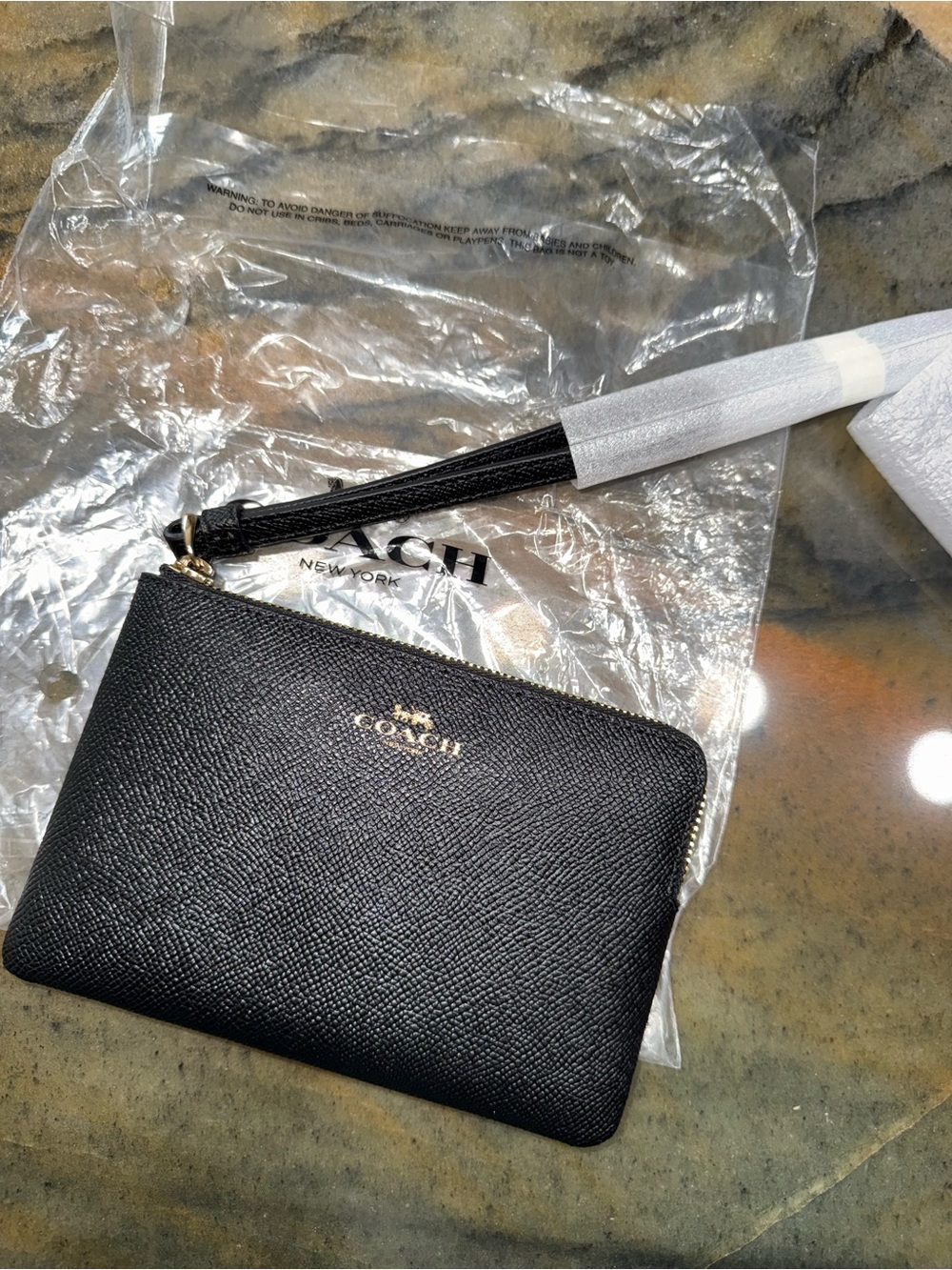 Coach Black Leather Zip Wristlet with Gold Logo